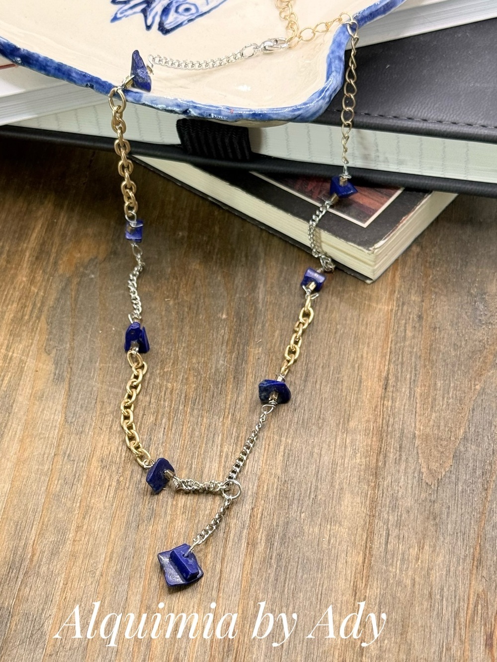 LARIAT Two-Tone Chain SHORT Necklace with Lapis Blue Stone Chips